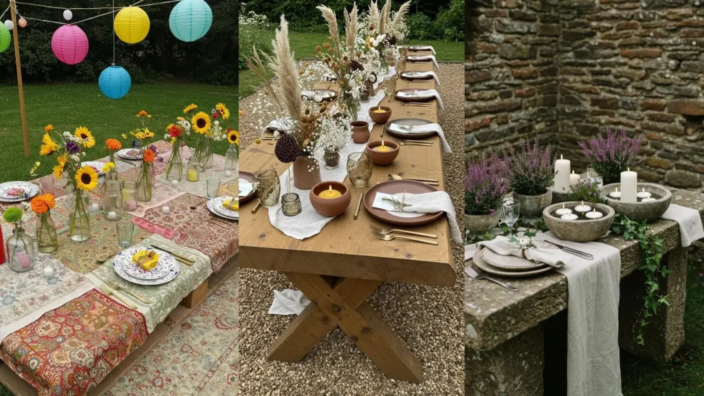 Table de jardin romantique avec bougies flottantes, fleurs sauvages et vaisselle vintage. Idées déco pour un repas champêtre.