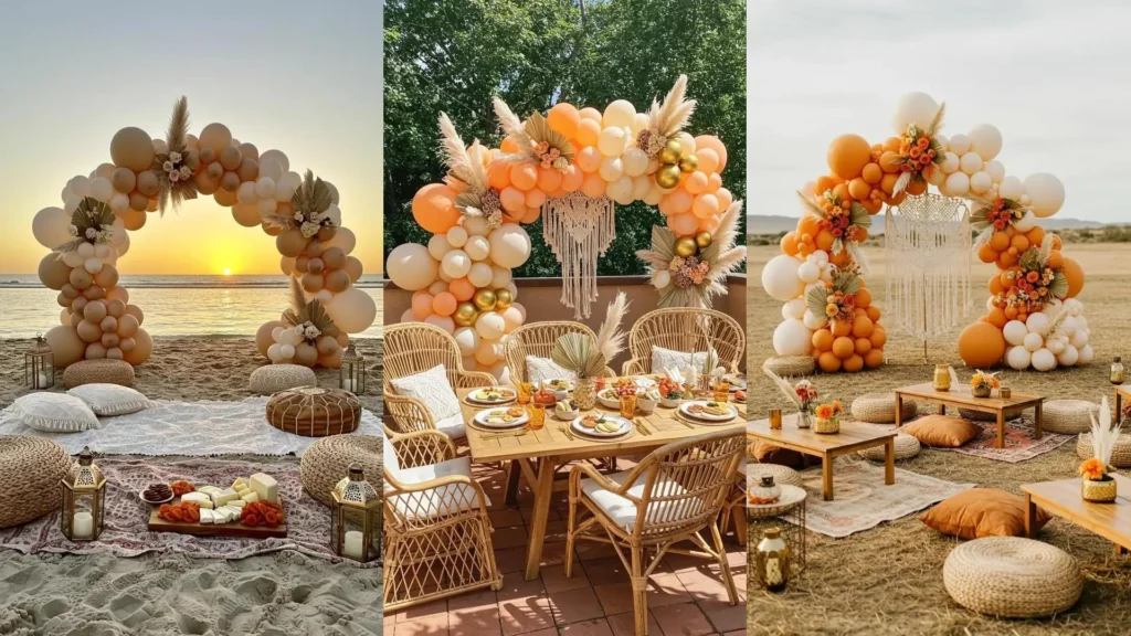 Arche de ballons bohème avec pampas, macramé et touches dorées pour une fête élégante en extérieur.