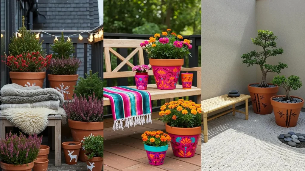 Trois ambiances de terrasses fleuries avec pots en terre cuite peints à la main et bancs en bois clair. Inspirations variées.