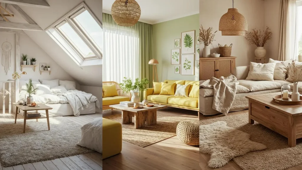 Collection de salons d'été bohèmes avec fibres naturelles, mobilier en bois, plantes et textiles aux couleurs douces.