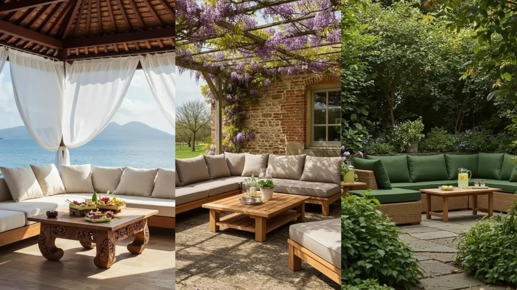 Salons de jardin modulables avec coussins imperméables et tables basses en teck exotique, pour une déco extérieure chic.