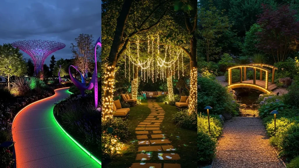 Éclairage LED féerique pour une fête de jardin, mariage ou anniversaire en plein air avec guirlandes lumineuses.