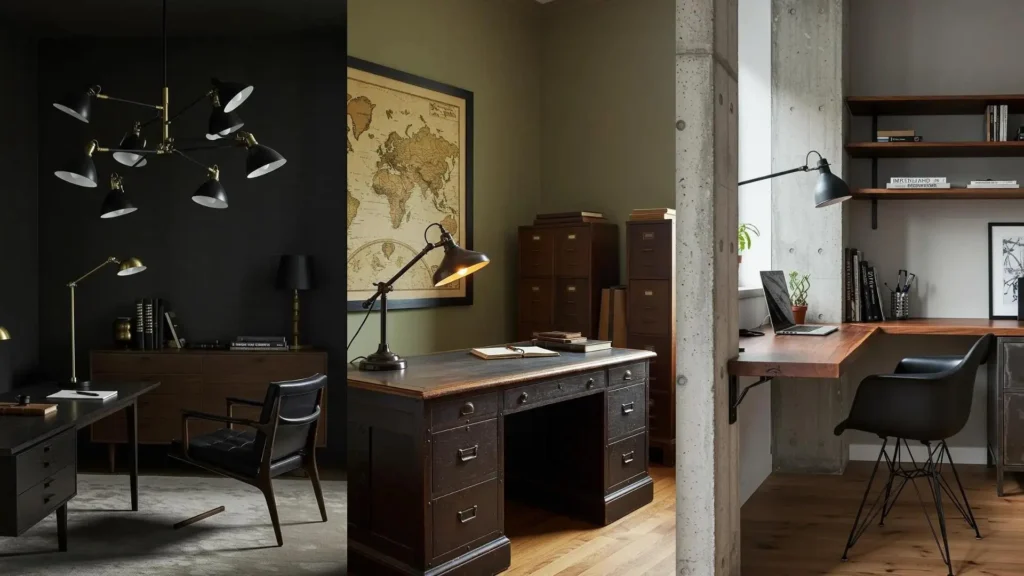 Trois bureaux industriels chics avec bois massif, métal patiné et luminaires vintage pour un home office masculin élégant.