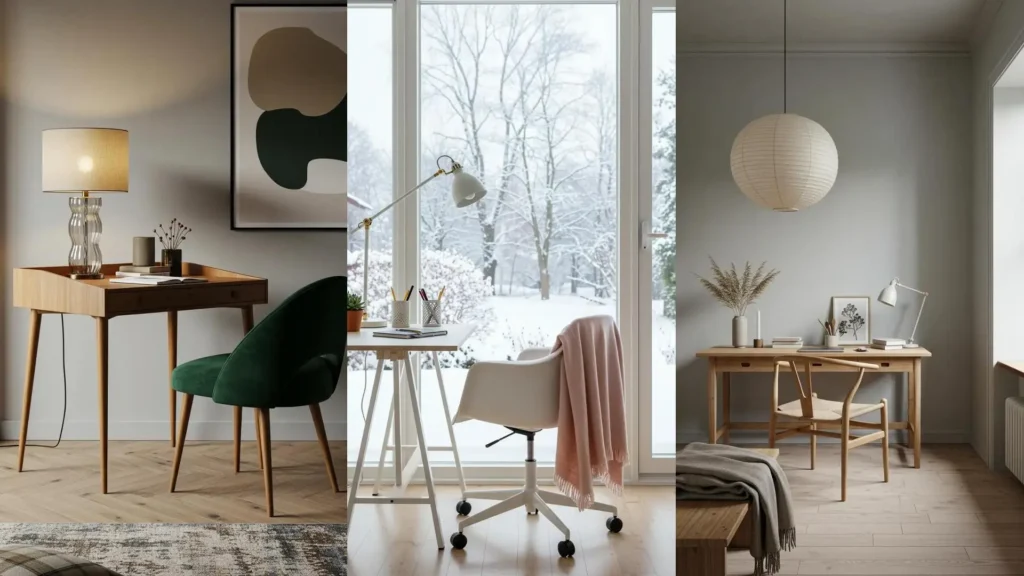 Bureaux scandinaves pour télétravail hivernal avec plaids, bois clair et lumières chaudes.