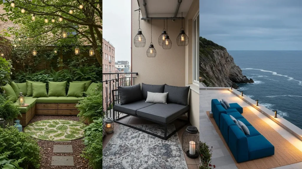 Canapés modulaires confortables, tapis d'extérieur et lanternes solaires illuminant des espaces extérieurs chics.