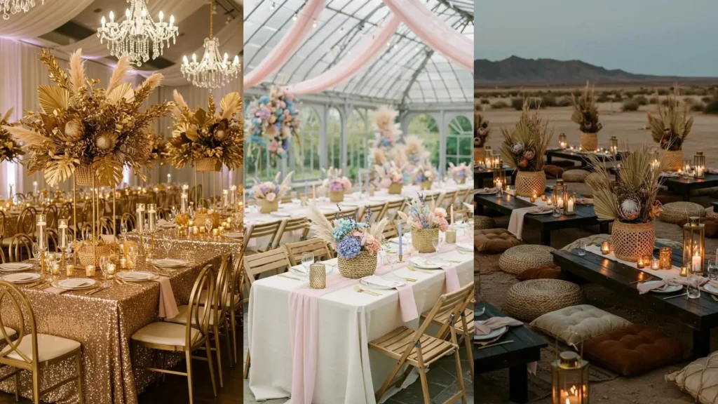 Inspiration de 28 centres de table mariage bohème chic : paniers tressés, fleurs séchées et accents dorés élégants.