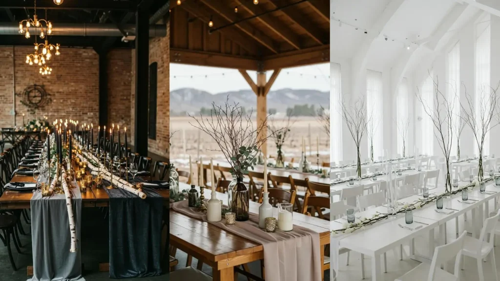 Centres de table de mariage d'hiver chic: bougies hautes, branches nues et touches élégantes pour une ambiance raffinée.