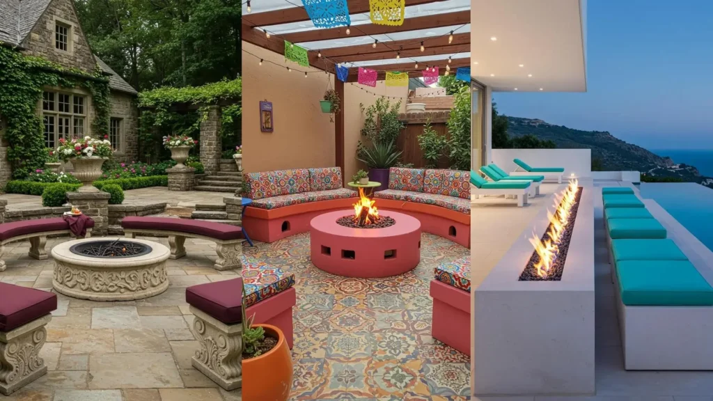 Des coins feu design avec banquettes en pierre et coussins imperméables dans différents styles extérieurs.