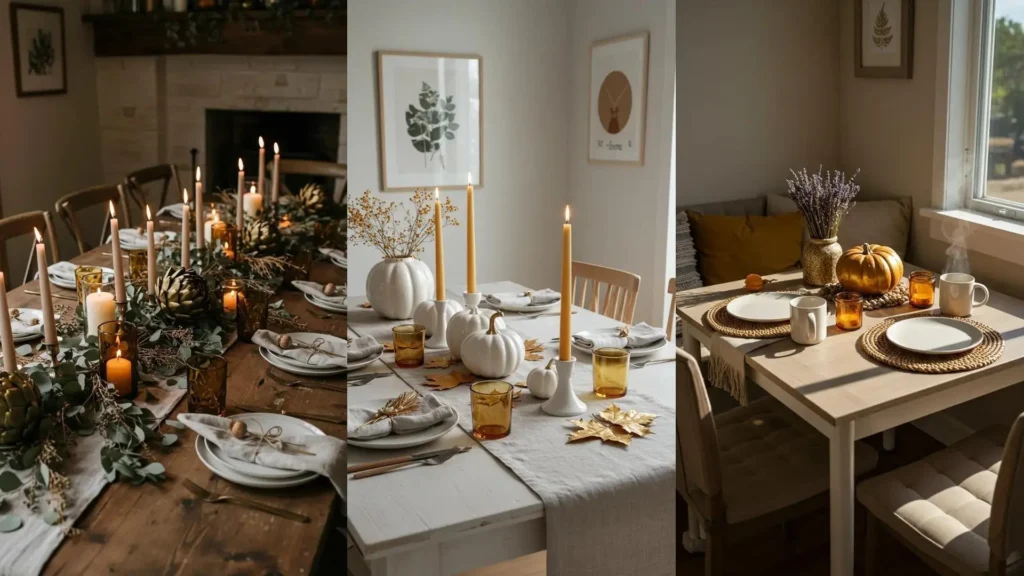Décoration de table automnale chaleureuse avec citrouilles dorées, feuilles séchées et bougies ambrées.