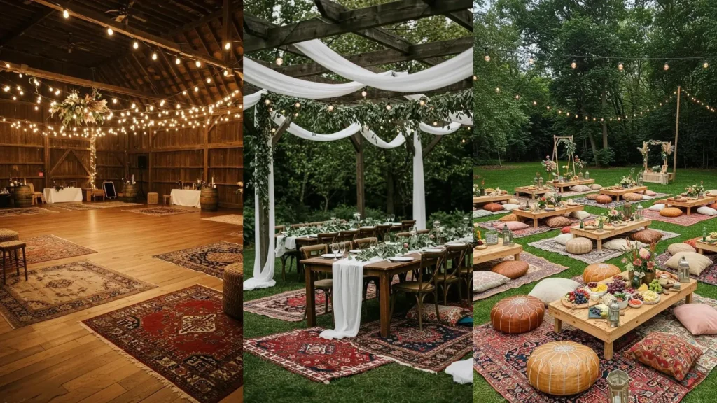 Ambiance bohème pour un mariage d'été avec guirlandes lumineuses et tapis orientaux. Décoration élégante en plein air.