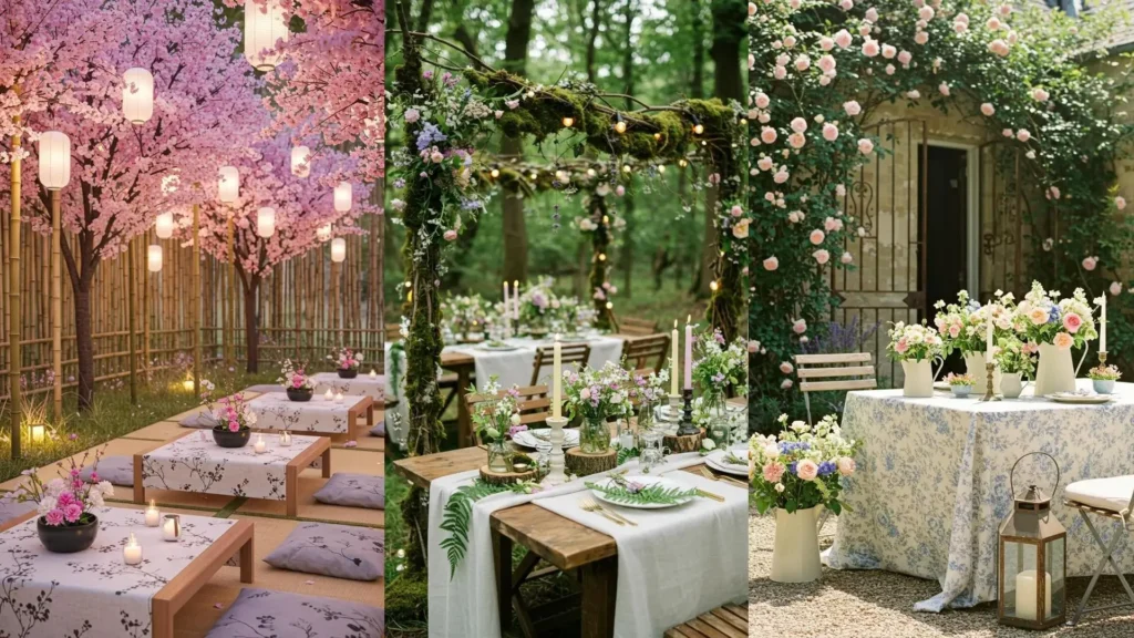 Décorations florales printanières: arches de roses pastel, tables avec nappes fleuries et douces bougies parfumées.