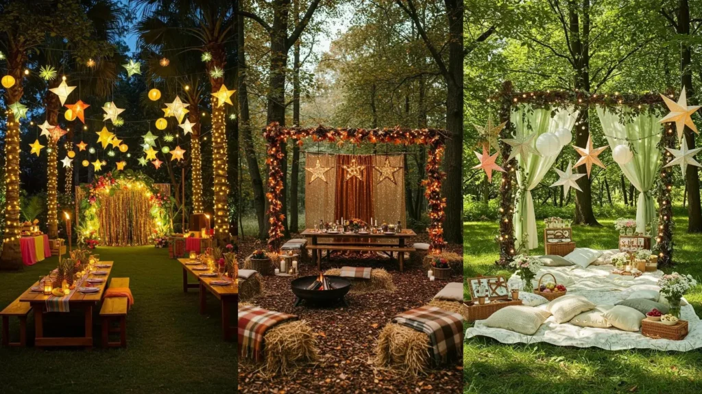 Trois scènes de déco féerique avec arches lumineuses, rideaux scintillants et étoiles suspendues pour fête en extérieur.