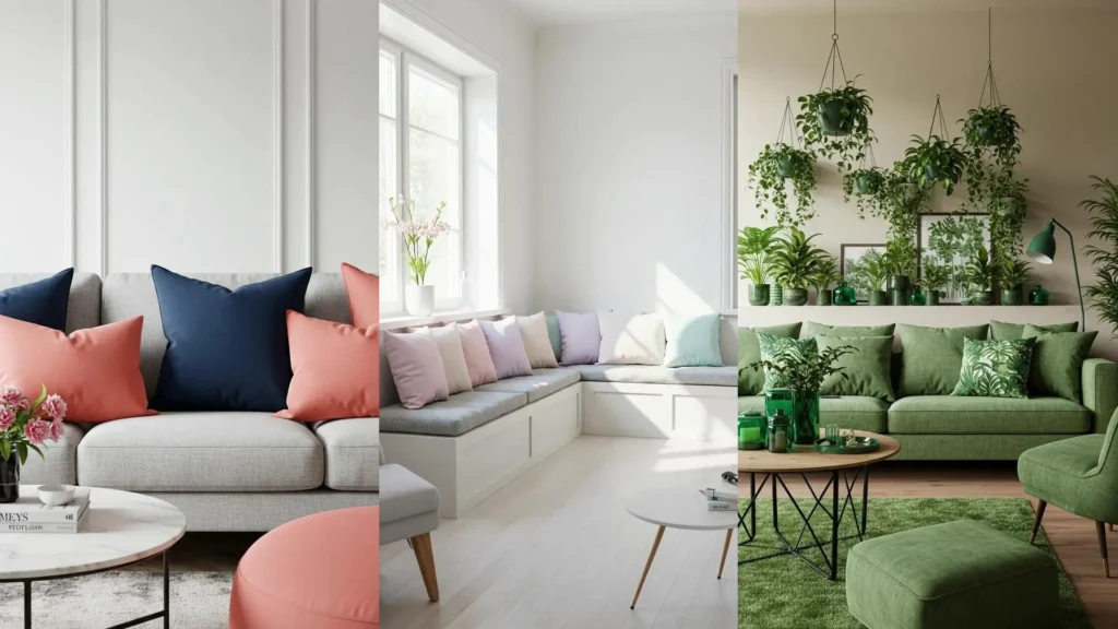 Coussins colorés sur des canapés modernes dans différents salons, apportant vitalité à des intérieurs neutres.