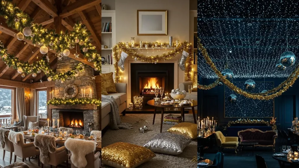 Idées déco Nouvel An: guirlandes dorées, boules argentées et lumières féeriques pour une ambiance scintillante.