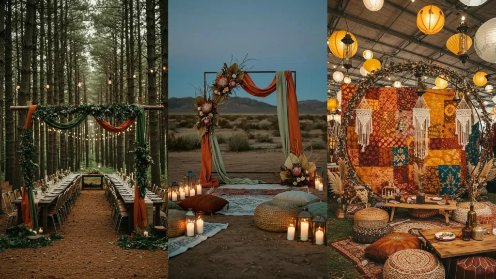 Arche de mariage DIY décorée de tissus teints à la main et fleurs, pour une cérémonie unique.