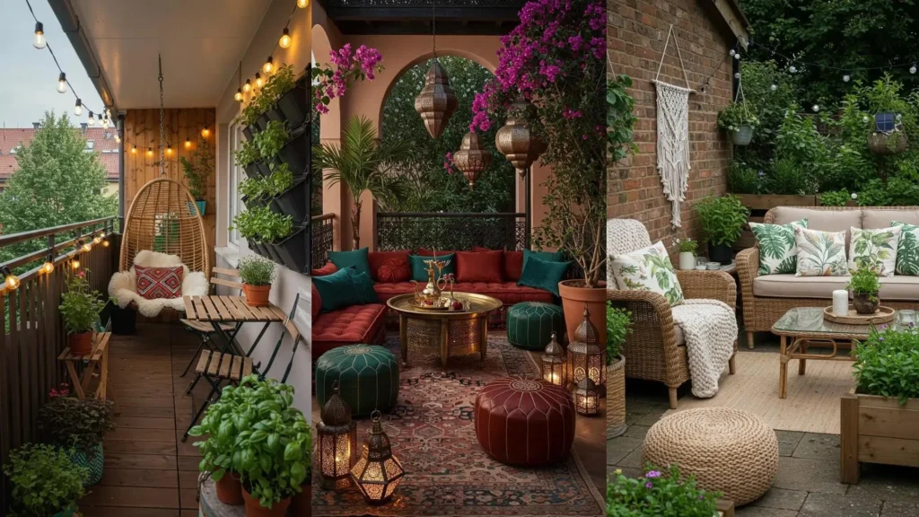 Balcons et terrasses bohèmes avec guirlandes lumineuses, coussins ethniques et plantes vertes pour un extérieur cosy.