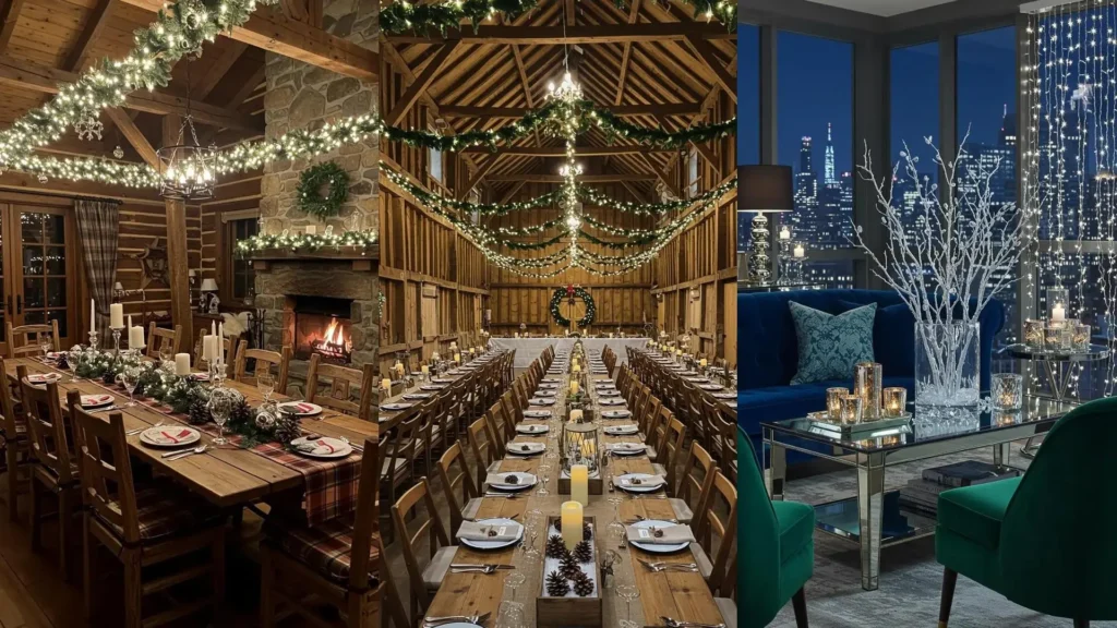 Magnifiques décors de Noël avec guirlandes lumineuses, bougies et centres de table festifs pour une ambiance magique.