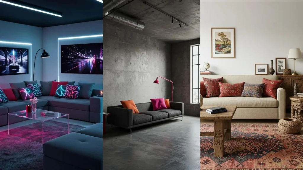 Trois séjours modernes avec canapés design et coussins colorés pour inspiration.