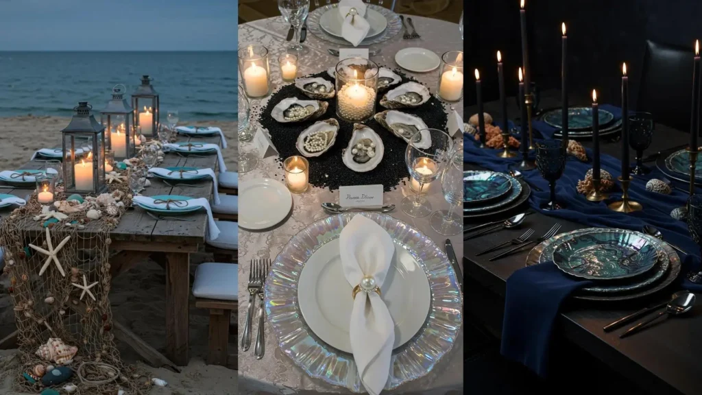 Tables sur le thème marin avec coquillages, étoiles de mer, filets de pêche et vaisselle bleu océan éclairées par des bougies.