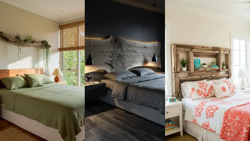 Trois têtes de lit originales en bois flotté pour chambres, idées déco inspirantes et design unique.
