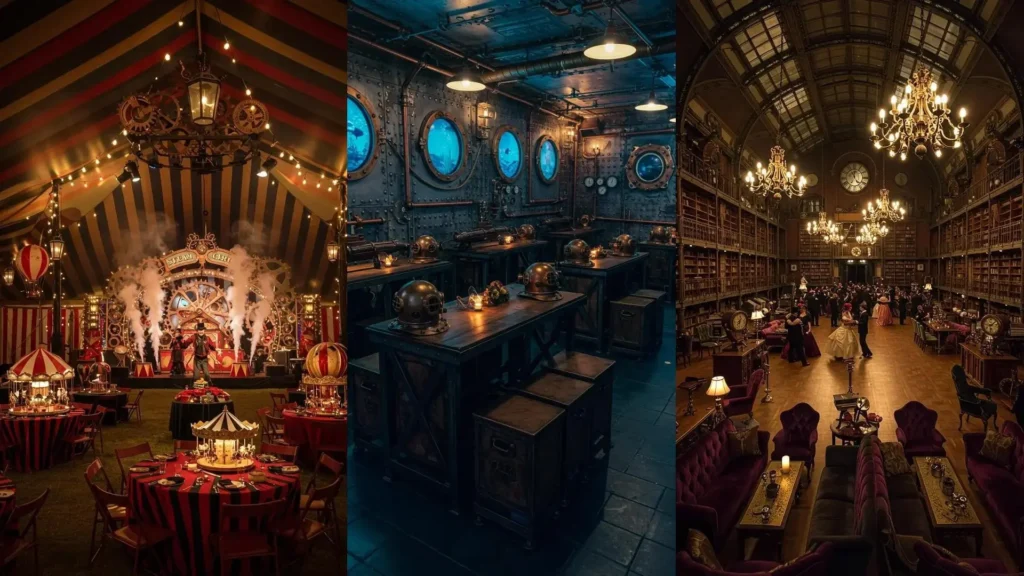 Décorations Steampunk avec engrenages, horloges murales et lampes industrielles pour une fête thématique.