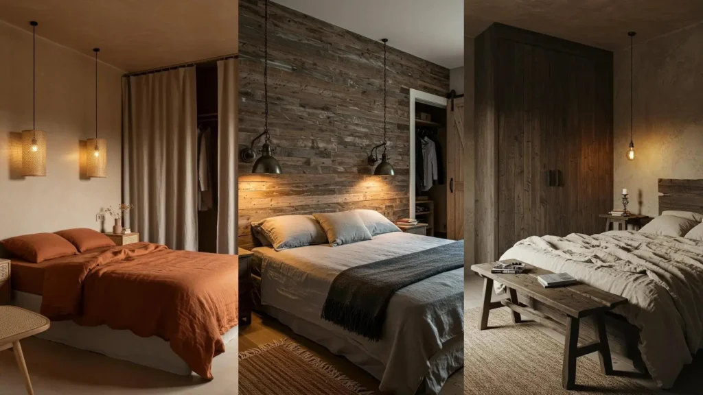 Trois chambres slow deco avec textures naturelles, éclairage chaleureux, linge de lit doux et dressings intégrés.