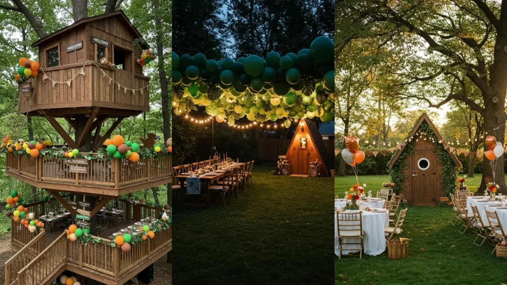 Décoration d'anniversaire enfant thème forêt enchantée avec ballons, guirlandes lumineuses, cabane et photobooth.