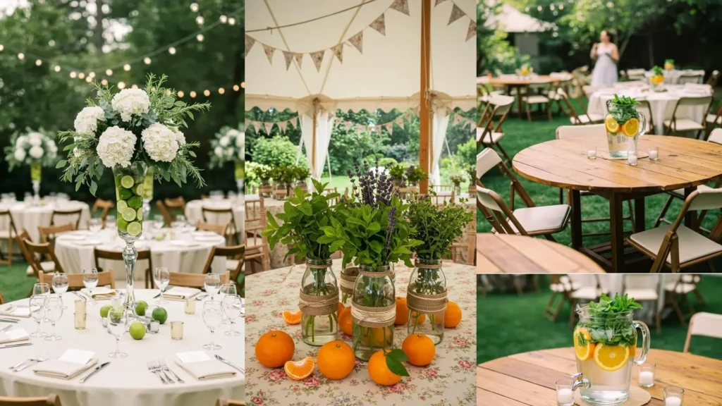 Centres de table de mariage estival frais: agrumes, herbes aromatiques en vases transparents sous guirlandes lumineuses.
