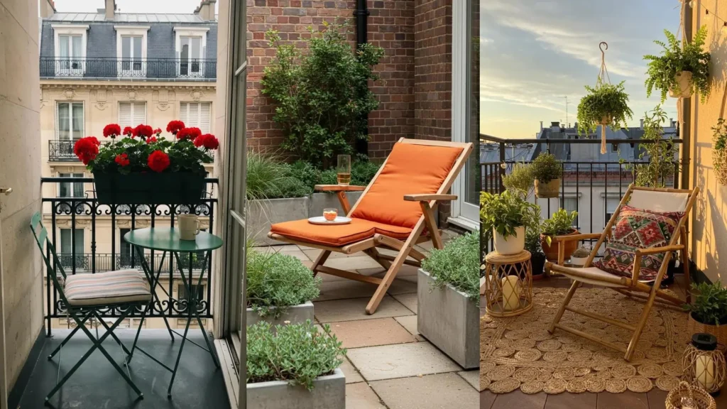 Aménagements de balcons et terrasses urbaines avec chaises longues pliantes, plantes et décor élégant.