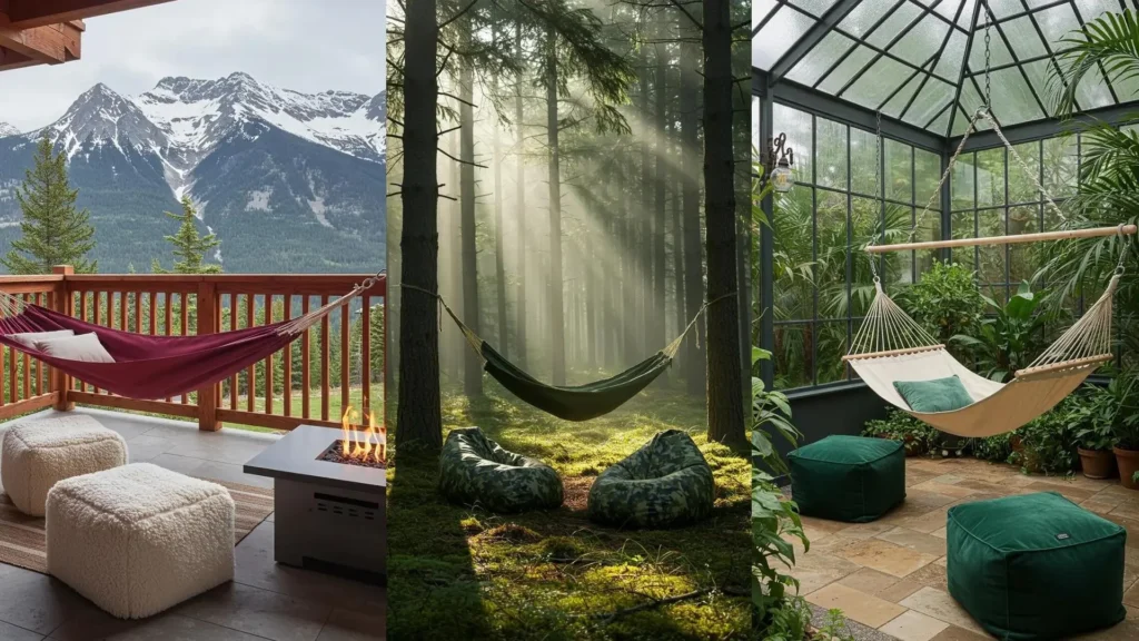 Aménagements extérieurs variés: hamacs confortables et poufs imperméables sur balcon, en forêt et en véranda.
