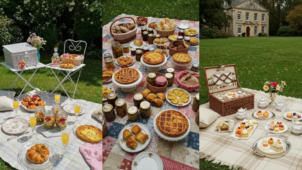 Pique-nique champêtre festif avec paniers, plaids colorés, tartes, croissants et vaisselle vintage.