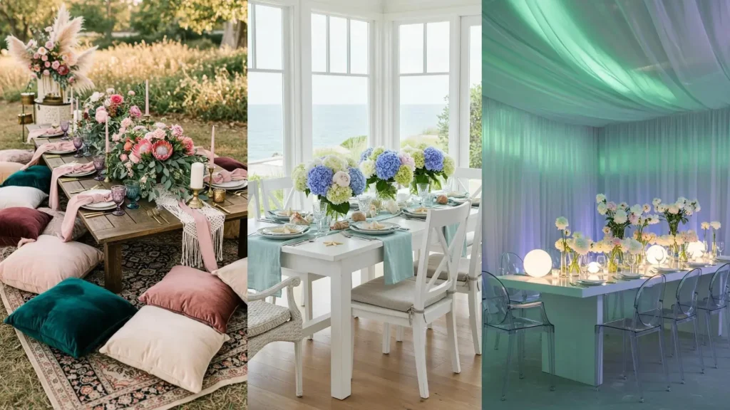 Décoration de table printanière pastel avec bouquets de pivoines, nappe en lin et vaisselle délicate.