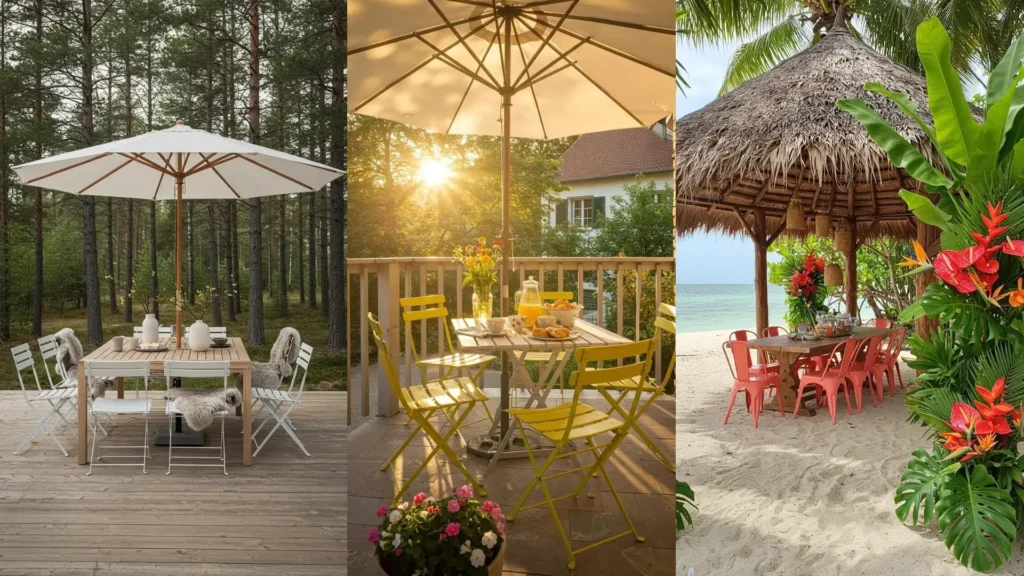 Belles scènes d'ensembles repas extérieurs avec parasols XXL et chaises pliantes métalliques colorées sur terrasse et plage.