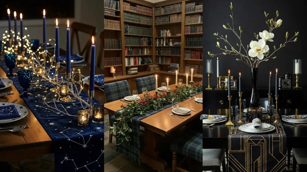Chemins de table velours, branches décoratives et bougies hautes pour dîners d'hiver élégants et chaleureux.