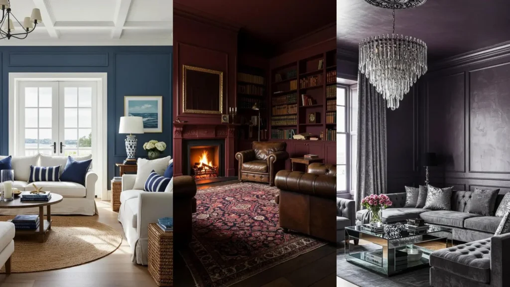 Salons élégants aux moulures murales et couleurs profondes : bleu marine, bordeaux et gris.