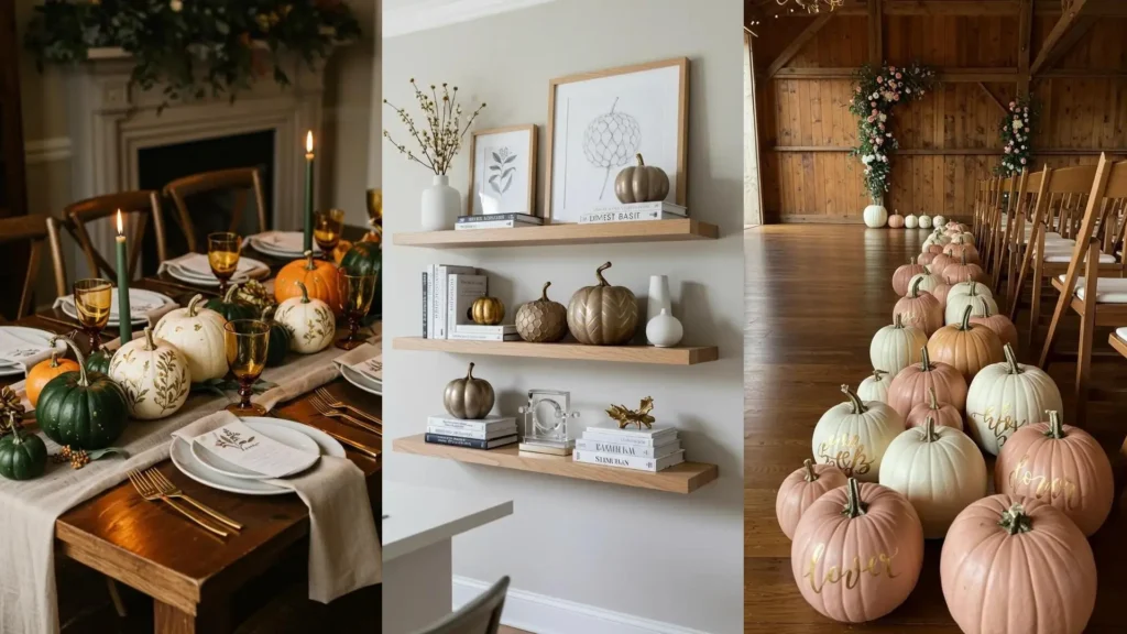 Citrouilles décoratives DIY peintes en mat avec motifs dorés, idéal pour les fêtes d'automne et Halloween sans découpe.