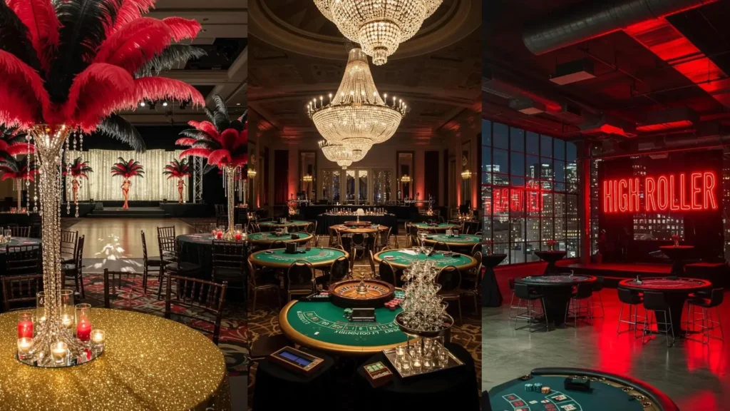 Ambiance de soirée casino élégante avec tapis verts, jetons et lumières néons rouges pour une fête mémorable.