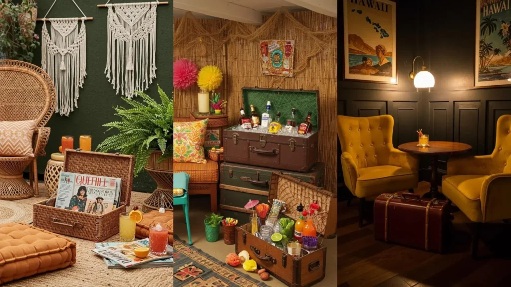 Ambiance de soirée tropicale vintage avec valises rétro, cocktails fruités et affiches de palmiers.