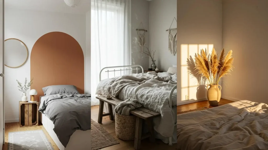 Chambre cocooning scandinave avec lit confortable, éléments bois et DIY simples pour un budget accessible.