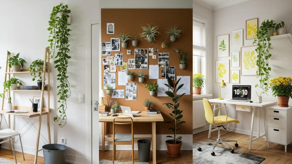 Trois bureaux scandinaves avec de nombreuses plantes vertes créant une ambiance naturelle et apaisante pour le télétravail.