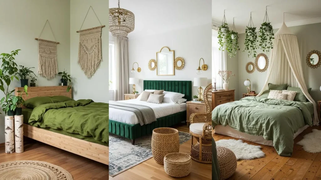 Trois chambres romantiques et bohèmes chic, avec des combinaisons de tissus et couleurs, dont du vert et des accents naturels.