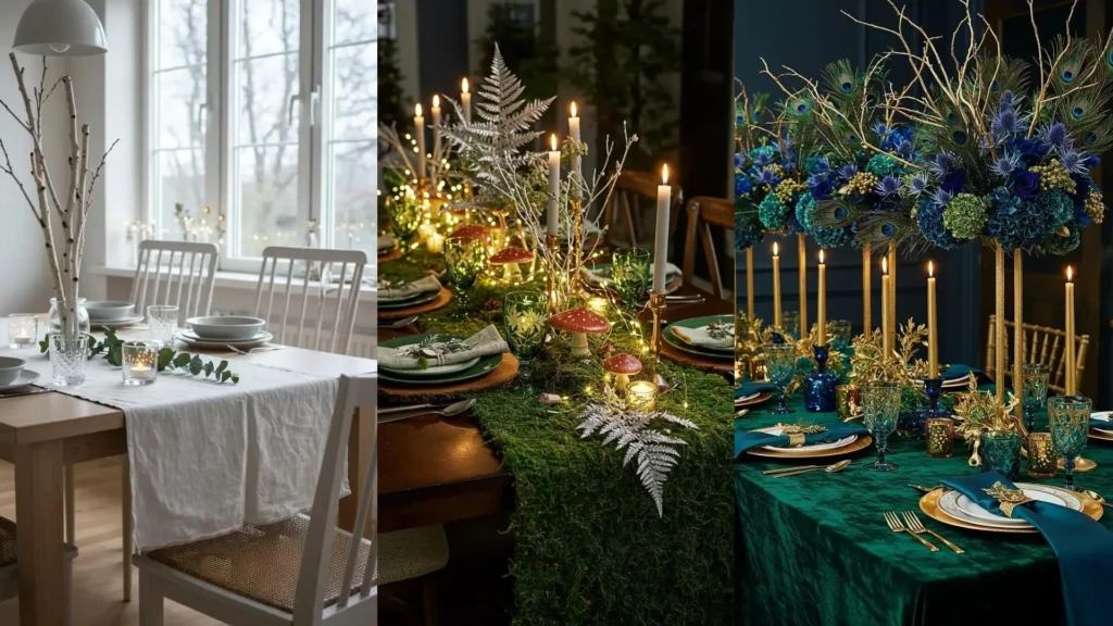 Trois tables de réveillon hivernales : nappes texturées, verrerie élégante, bougies et détails féeriques.