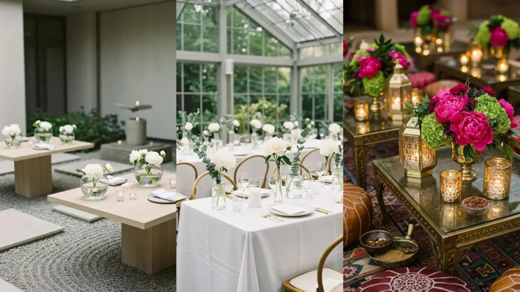 Compositions florales de table pour mariage d'été avec pivoines, eucalyptus et vasques en verre.