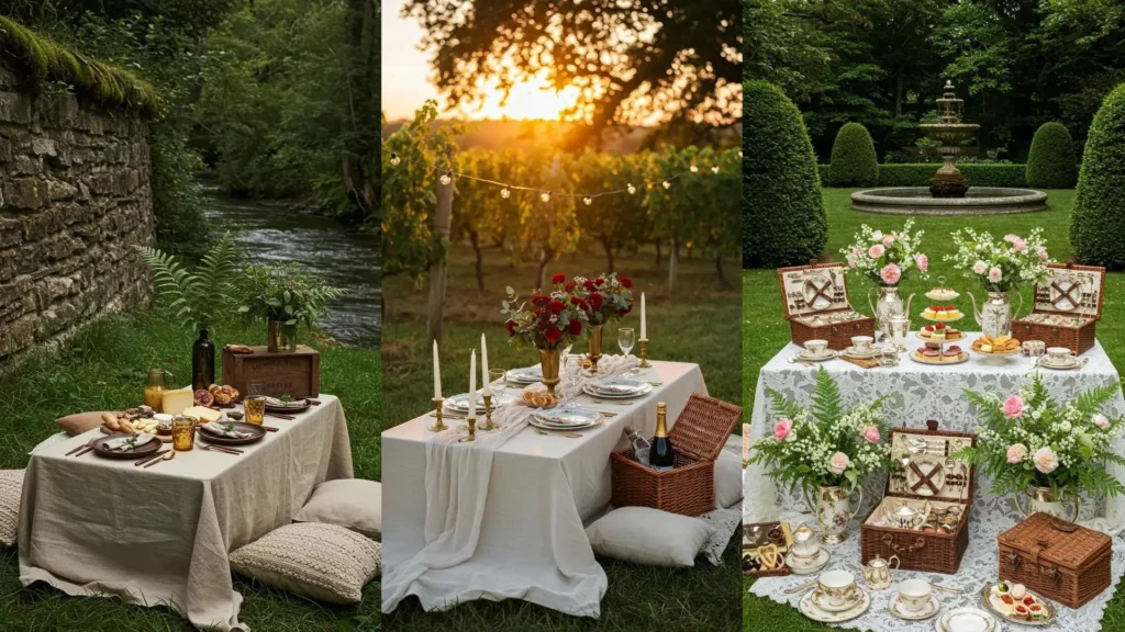 Décorations de pique-nique chic: paniers garnis, vaisselle raffinée et bouquets de fleurs pour une ambiance parfaite.