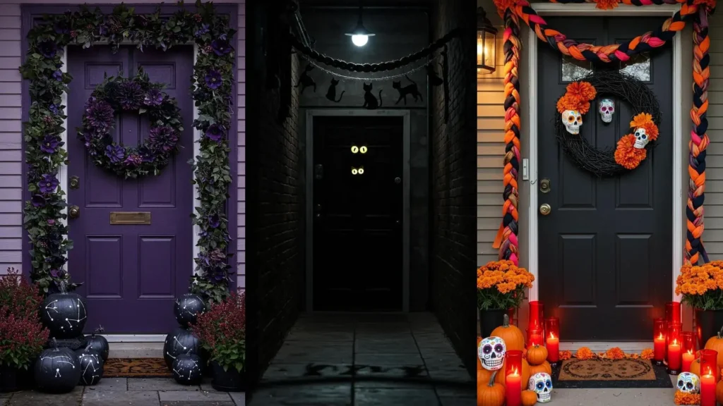 Décorations de portes d'entrée d'Halloween avec couronnes sombres et guirlandes tressées variées.