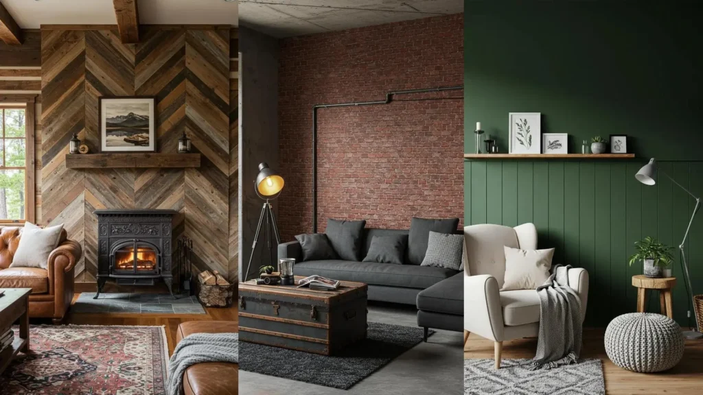 Trois murs d'accent de salon : boiseries rustiques, briques industrielles et peinture verte moderne, pour idées déco DIY.