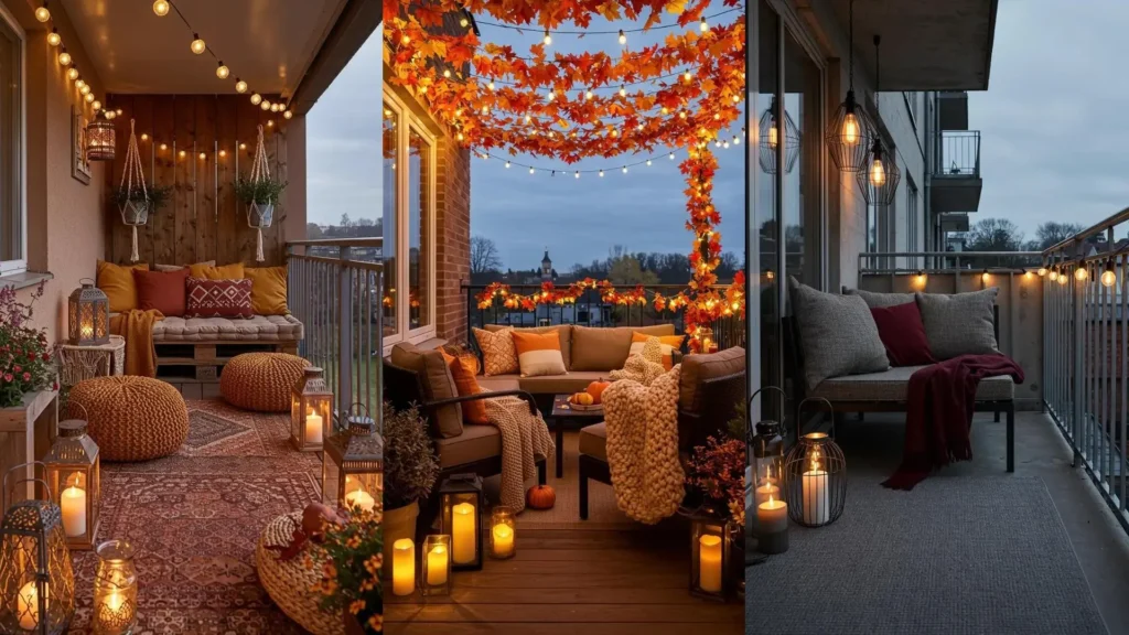 Balcons cosy en automne avec plaids, lanternes et guirlandes lumineuses pour une ambiance chaleureuse.