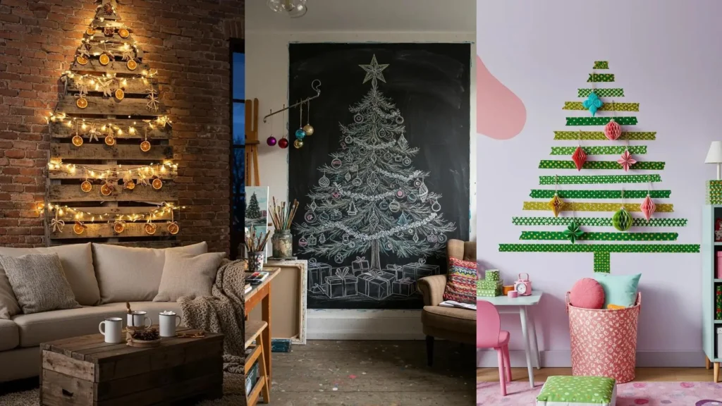 Des sapins de Noël alternatifs originaux: palette recyclée illuminée, arbre dessiné à la craie et sapin mural coloré.