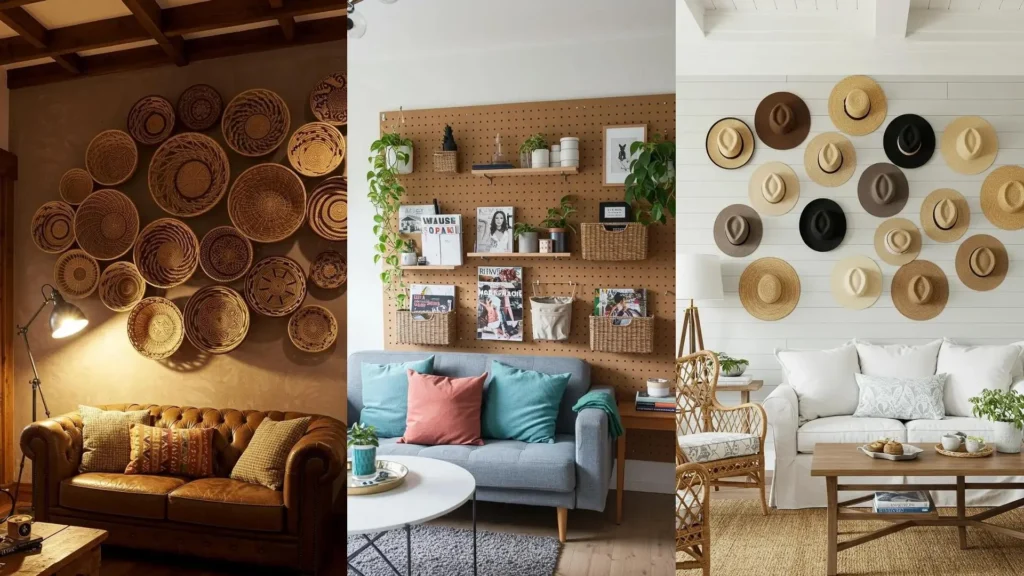 Décoration murale DIY pour salon : murs transformés avec paniers tressés, panneau perforé et chapeaux.