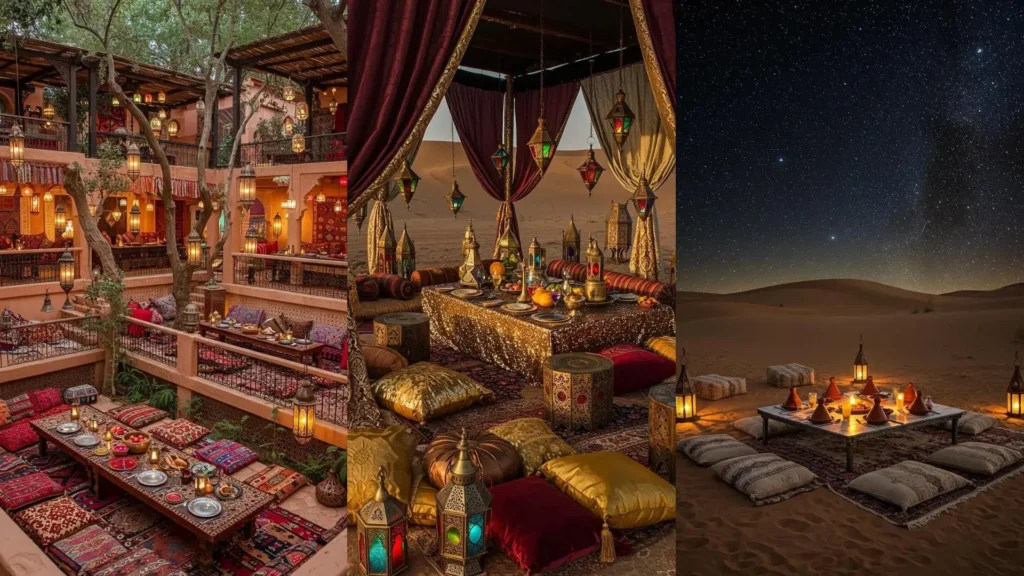 Dîner marocain : tapis berbères, lanternes ajourées et coussins colorés pour une soirée enchantée.